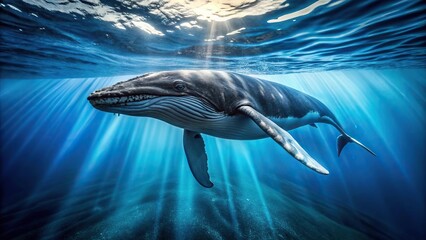 Underwater scene of a father whale swimming alongside Wide-Angle lens