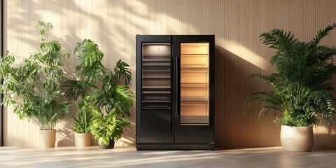 Stock minimalist photography of a black refrigerator with empty shelves, open doors, standing on a light wooden floor with empty space on the right, minimalistic composition, Mockup for design --chaos