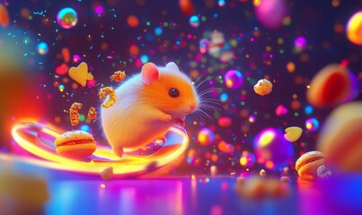 A hamster rides a glowing orb in a colorful world.