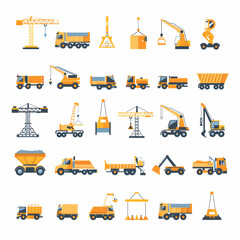 A collection of 28 flat design icons featuring various types of construction vehicles, including cranes, trucks, and excavators, isolated on a white background.