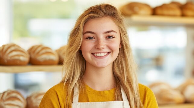 smiling woman in bakery with fresh bread