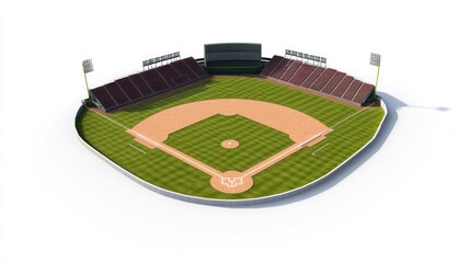 A classic baseball stadium, with a diamond field layout and spectator stands clearly visible, isolated on white.