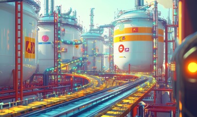 Industrial complex with large storage tanks and tracks.