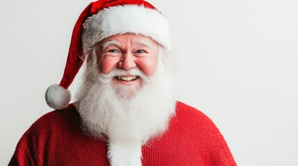 A funny Santa Claus making silly faces, showing his playful and humorous side with a twinkling eye, against a white backdrop.