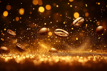 A dazzling swirl of roasted coffee beans amidst a sparkling golden backdrop at dawn. Generative AI