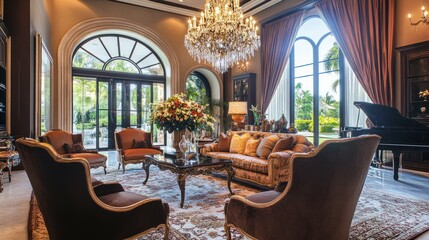 Fototapeta premium A luxury living room adorned with upscale decor, high-quality materials, and an opulent chandelier, creating a grand and stylish atmosphere.