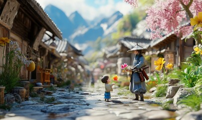 Two figures exchange flowers on a cobblestone path.