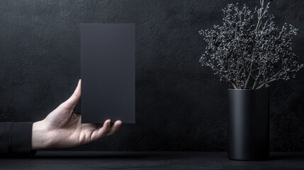 Naklejka premium Elegant minimalism exploring the contrast of a hand-held black card against a dark background with a potted plant