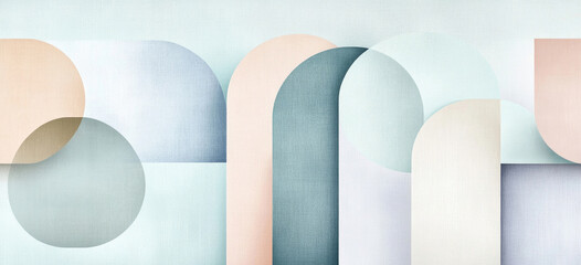 Pastell Rosa, Blau, Gelb und Beige als Hintergrund mit Retro-Formen der 60er Jahre und feiner Struktur im Bannerformat