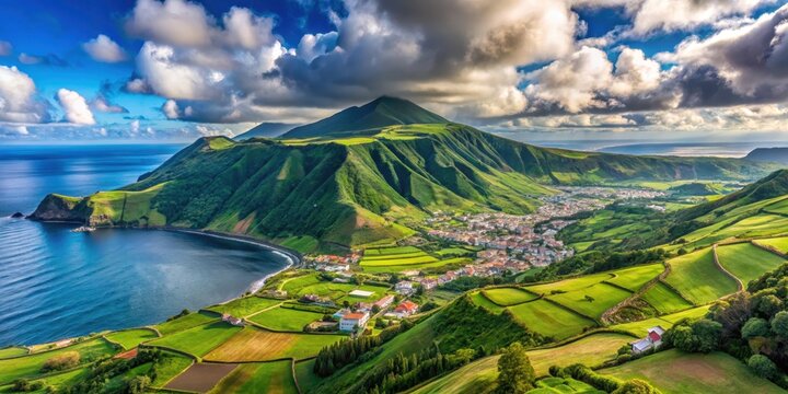 A picturesque panorama of rolling green hills, a coastal village, and the vast blue ocean, all bathed in the warm glow of the setting sun.