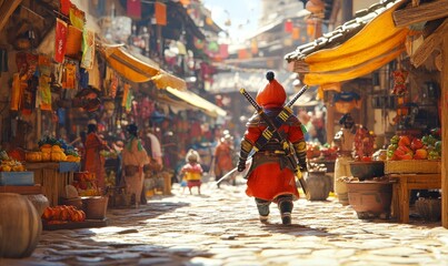 Obraz premium Samurai walks through a bustling marketplace.