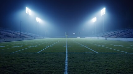 A quiet stadium with no crowd, field and seating highlighted under bright lights, showcasing its...