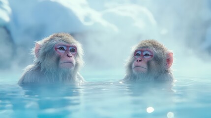 Fototapeta premium Two snow monkeys relaxing in a hot spring