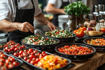 Obraz premium Chef Serving Fresh Salad with a Serving Spoon
