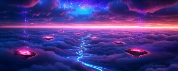 Surreal clouds with glowing islands
