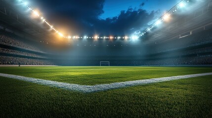 A well-lit stadium at night, field glowing under the bright lights, creating a warm and energetic atmosphere.