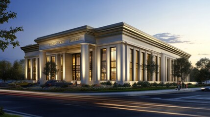 Obraz premium Bank architecture showcasing both classic and modern design elements, with a strong, secure, and sophisticated appearance.