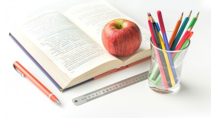 Open Textbook with Red Apple, Pencils, and Ruler