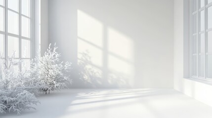 Fototapeta premium Snow-Covered Window with Frost Patterns in White Room
