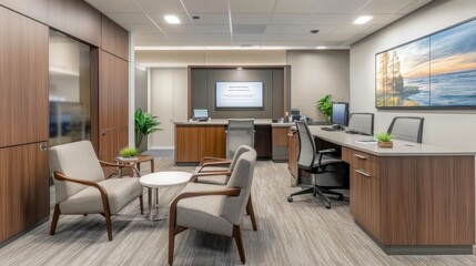 Bank loan services area, featuring private consultation desks, financial brochures, and a welcoming space for discussions.