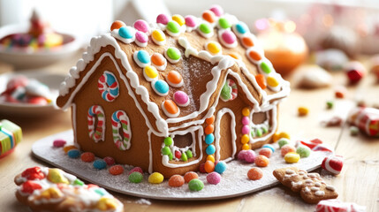 A colorful gingerbread house adorned with candy, perfect for festive celebrations.