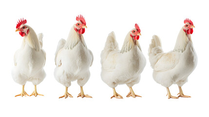 Fototapeta premium White chicken collection (portrait, standing, profile), animal bundle, isolated on white background