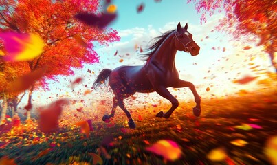 Obraz premium Black horse running through autumn leaves.