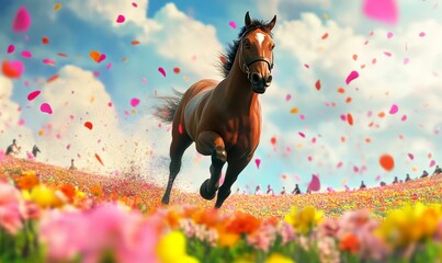 Horse runs through colorful flower field.