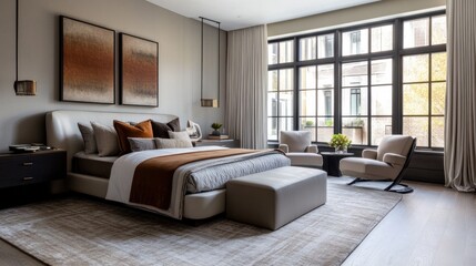 Bedroom interior featuring a balanced mix of textures, furniture, and decor that reflect comfort and functionality.