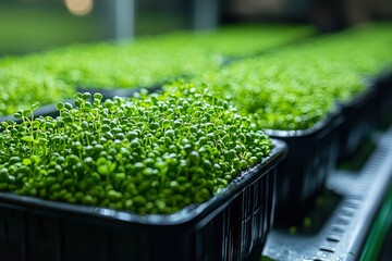 Close-up of Green Microgreens Growing in a Tray