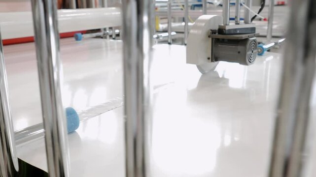 Sizable circular saw, operating in an automated mode on manufacturing line, efficiently dissects substantial sheet of rigid paper into components as it proceeds along conveyer.