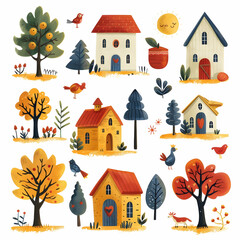 A collection of cute illustrated houses, trees, birds, and other elements in a whimsical style.