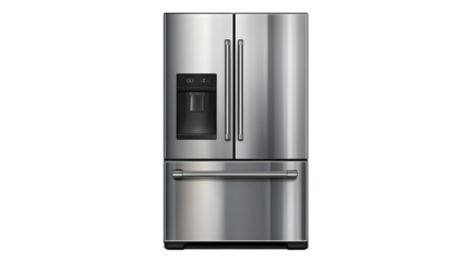 Front view three-door modern refrigerator, stainless steel modern kitchen and domestic appliances on transparent background, isolated on white background
