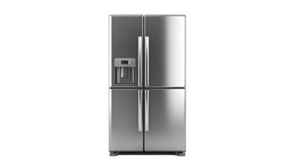Front view three-door modern refrigerator, stainless steel modern kitchen and domestic appliances on transparent background, isolated on white background