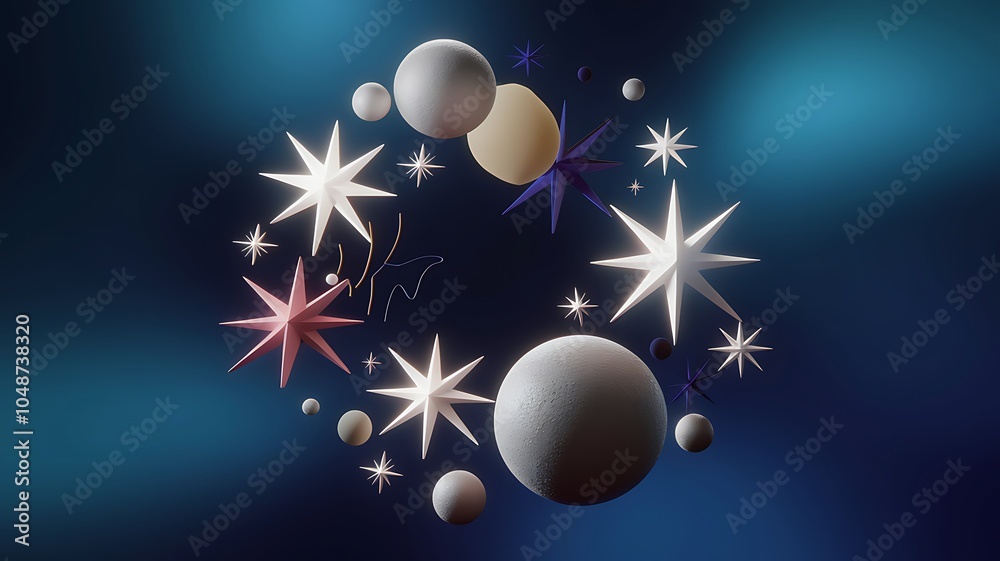 Poster a mesmerizing rendering of a celestial scene featuring stars and moons in a dreamlike cosmic atmosph