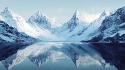 Obraz premium Icy mountain range with tall peaks and a still lake below, the perfect winter scene with reflections of the snow-covered landscape.