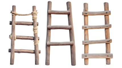 Wooden ladder, rustic ladder and rope ladder, isolated on white background