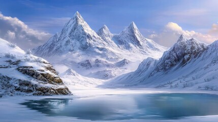 Majestic mountain range with sharp, snow-capped peaks and a pristine frozen lake, capturing the raw beauty of winter in the wilderness.
