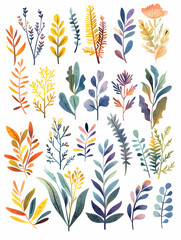 A collection of 24 watercolor painted floral stems with leaves in various shades of yellow, orange, blue, green, and purple.