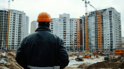 Construction engineer at a residential site, assessing the progress of the development, monitoring the quality and safety of construction.