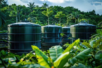 An array of large, cylindrical storage tanks filled with purified water, set against a backdrop of lush greenery, emphasizing sustainability