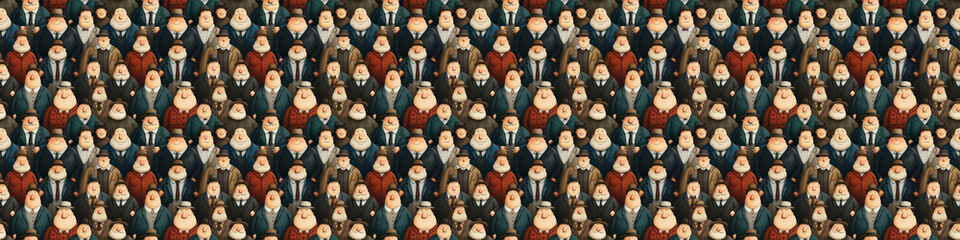 Obraz premium Diverse crowd of cartoon characters seamlessly patterned in colorful attire