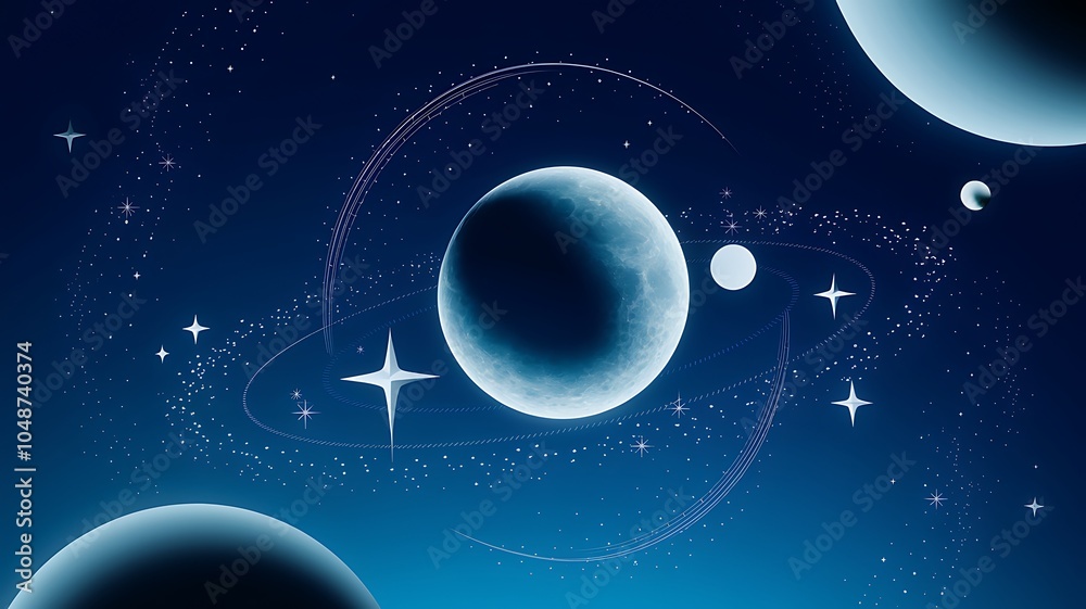 Poster a stunning render of the night sky with a blue hue featuring celestial bodies and ethereal patterns 