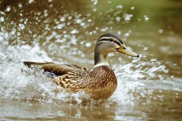 Fototapeta premium Duck splashing into a pond on a serene farm, motion blur showing the flurry of water and feathers in the moment, water, nature, farm, playful, animal