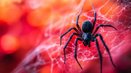 Close-up of a black spider on a web with a vibrant red background.