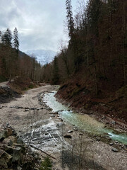 A stream flows from the valley of Partnachklamm Gorge into a lush forest with the majestic mountain range as a backdrop, creating a serene, natural scene in Garmisch-Partenkirchen.