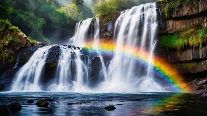 Obraz premium A Serene Waterfall Creates a Majestic Rainbow in a Lush Forest