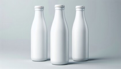 Three blank white milk bottles with metal caps against a light gray background.