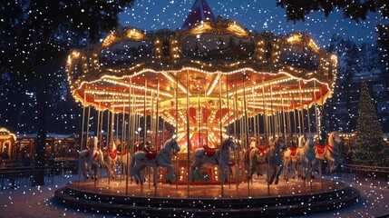 Christmas-themed scene with an ornate carousel, horses spinning under twinkling lights, snow falling gently in the background
