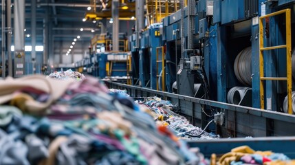 Close-up of Textile Recycling Machine and Fabric Waste in a Factory